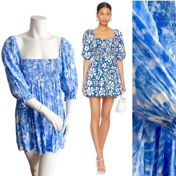 Faithful the Brand Blue Mini Smocked Dress Babydoll Easter Festival Coachella 2 - Picture 1 of 9